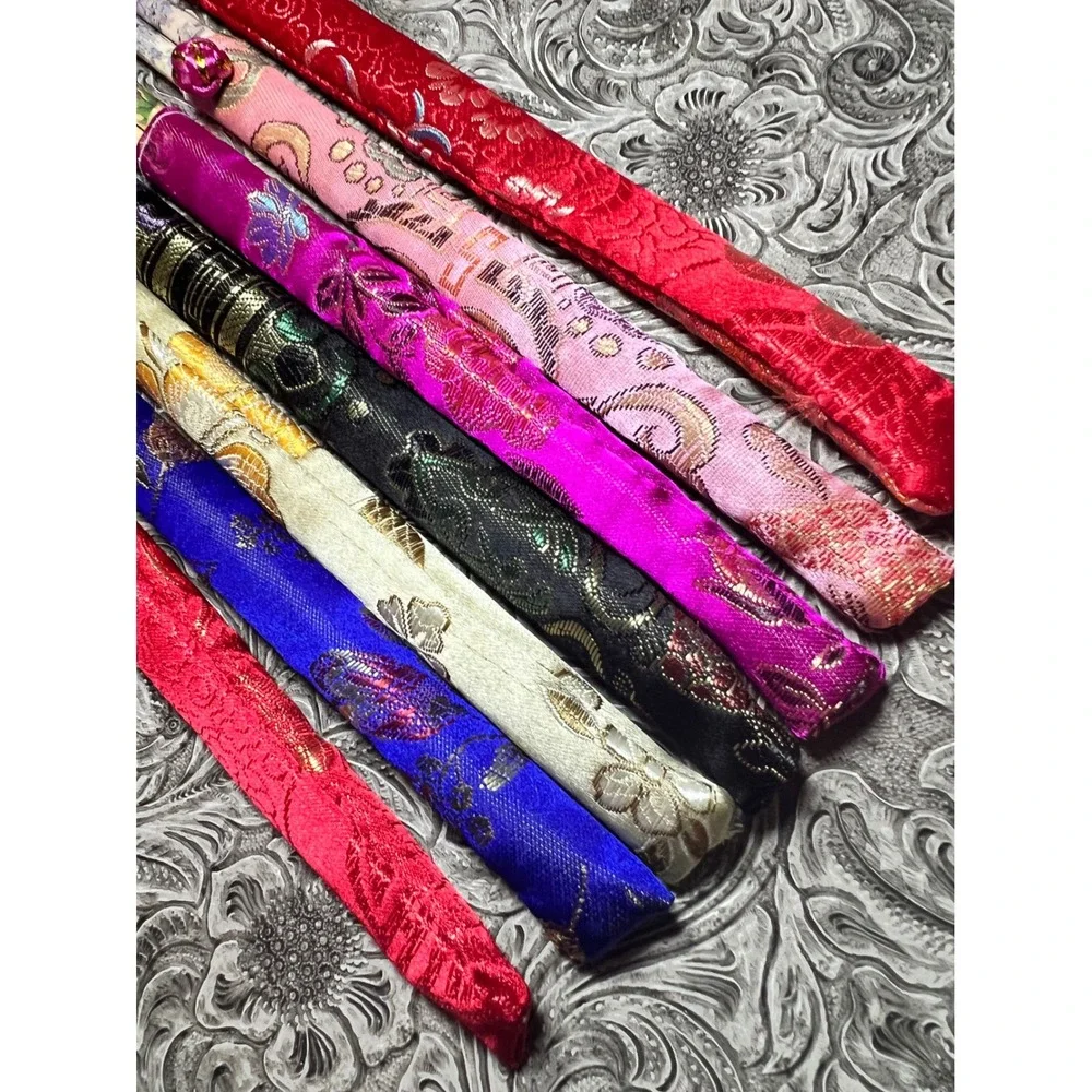 Vintage‎ Asian Bamboo Chopsticks Set of 7 Silk Brocade Sleeves Hand Painted 9in!